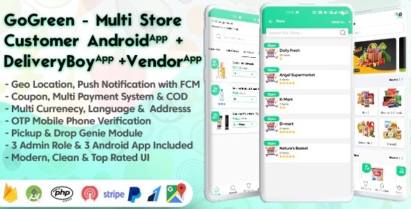 GoGreen Free Download Food, Grocery, Pharmacy Multi Store(Vendor) Android App with Interactive Admin Panel Nulled